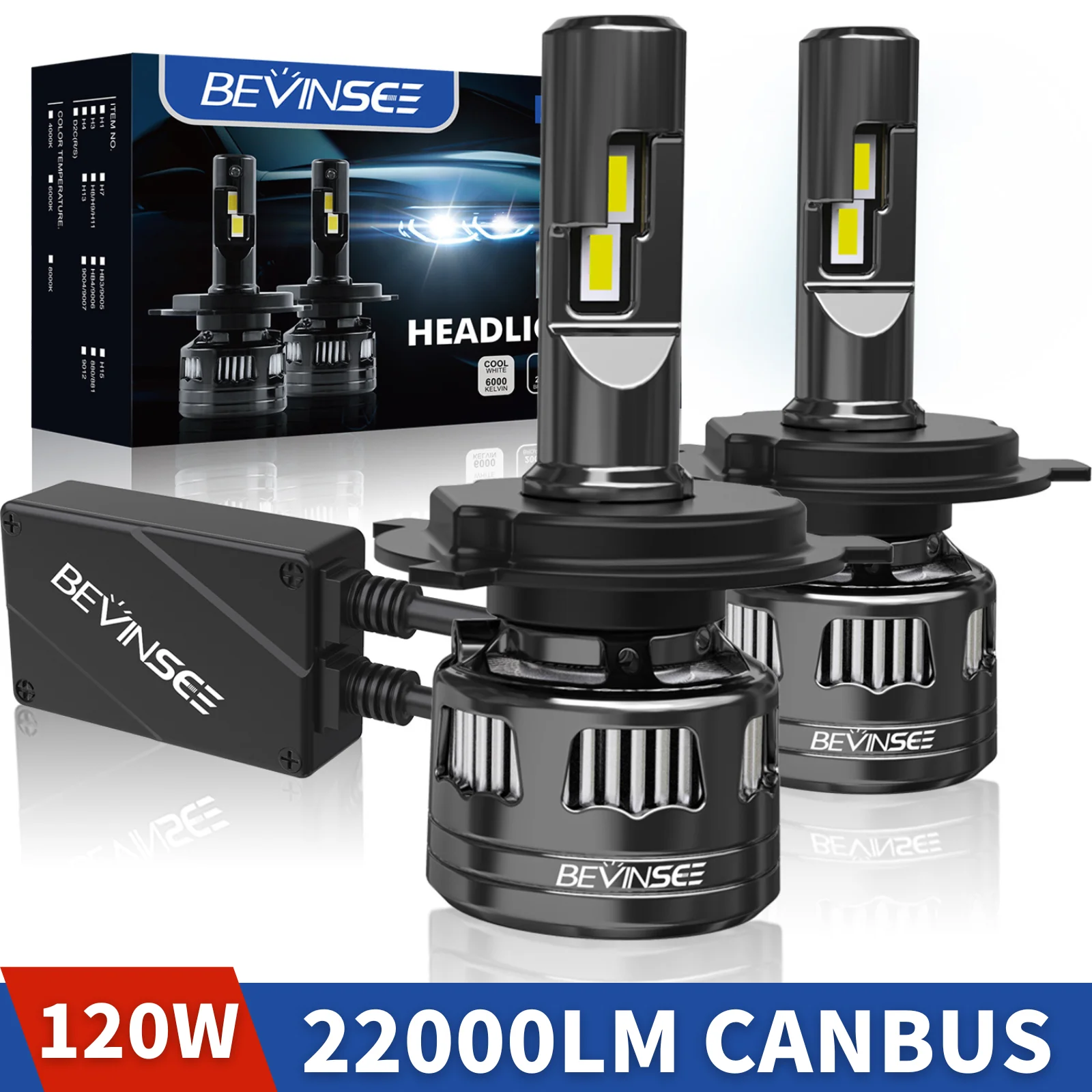 BEVINSEE 22000LM 120W H4 9003 LED Headlight Bulb CANBUS Anti Error Super Bright Hi/Lo Beam Headlamp For Honda Toyota Ford Kia VW