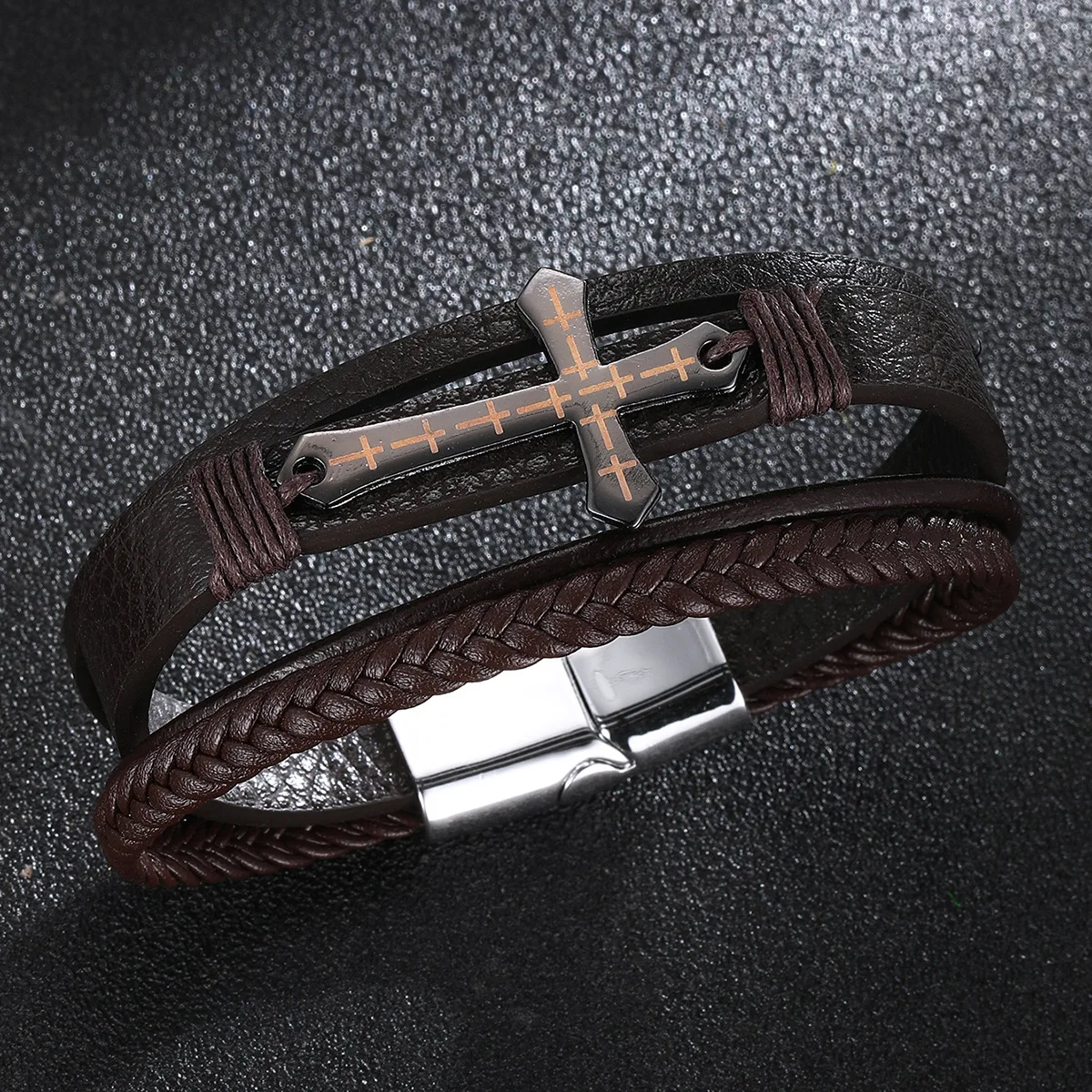 Multi-layer Braided Leather Cross Bracelet Magnetic Clasp Faux Cowhide Bangle for Male European American Retro Jewelry Accessory
