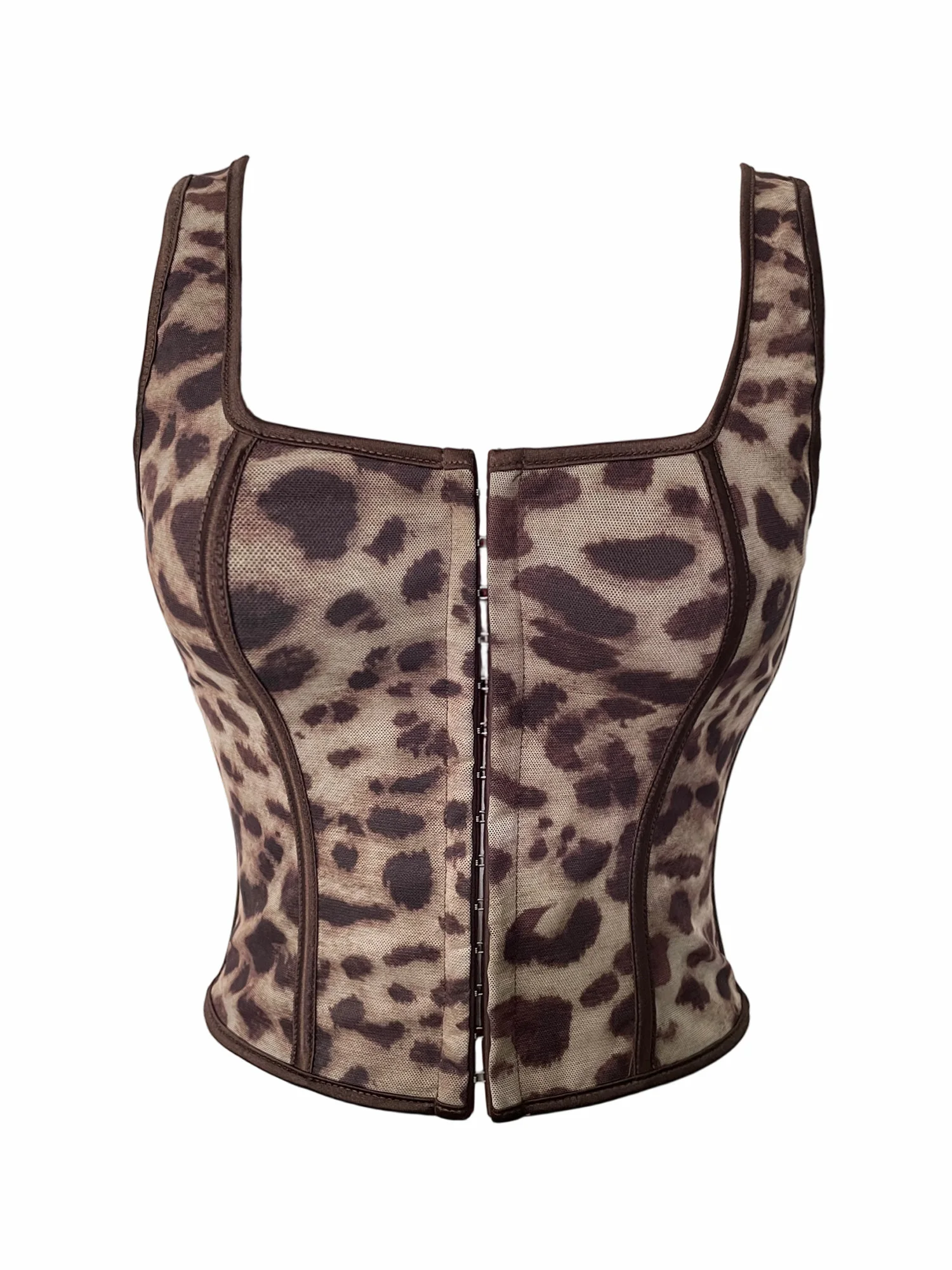 Sexy Mesh Leopard Corset Bustier Square Neck Non Removable Strap Back Lace Up Street Club Party Wear