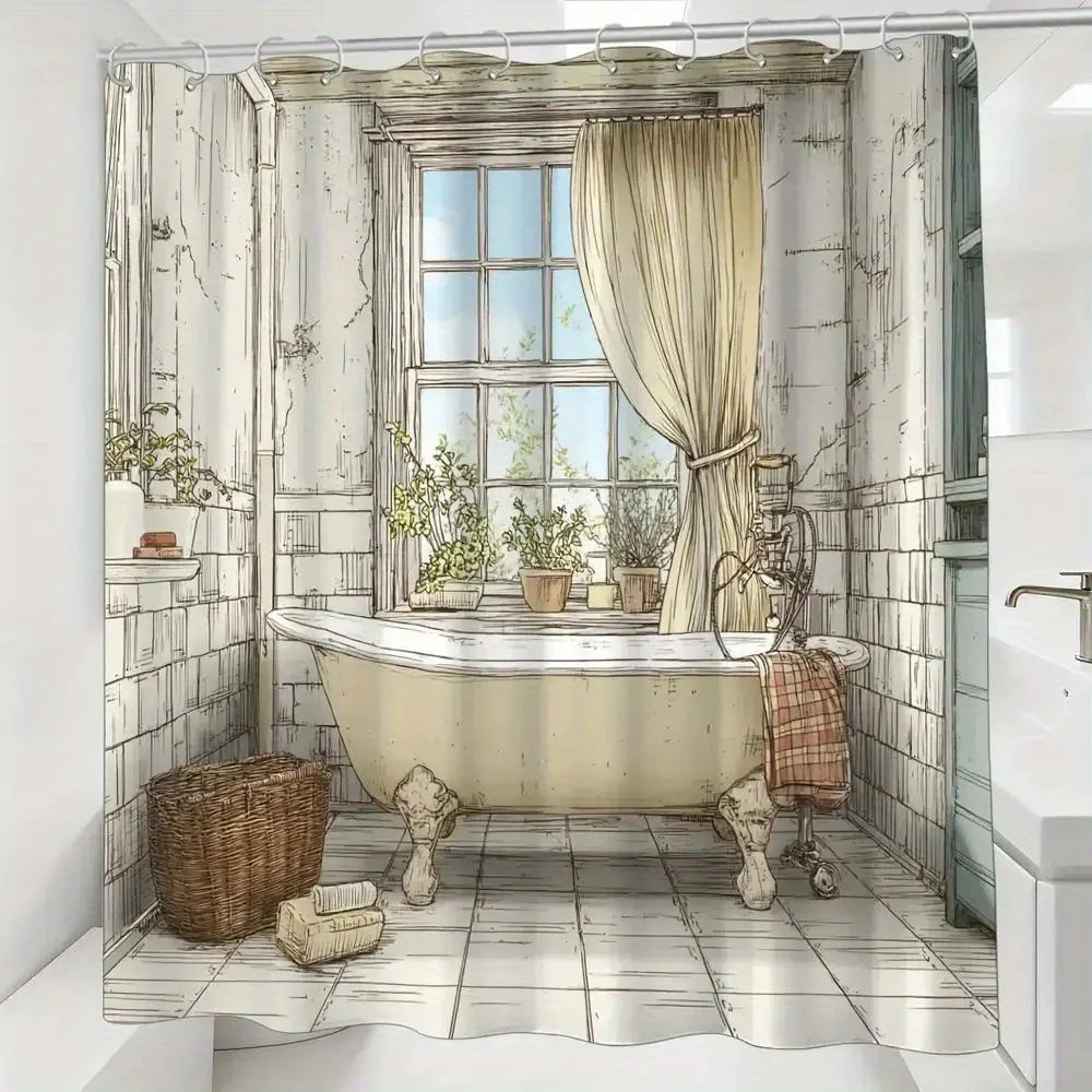 Vintage Sketch Style Bathtub with Window and Plants Shower Curtain Machine Washable All Season Waterproof Privacy Protection