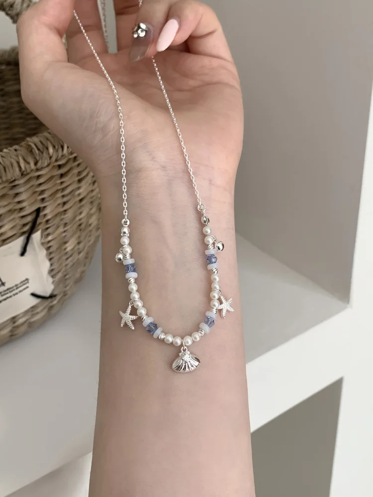 フレッシュスタイルシェルヒトデペンダントフェイクパール純銀ネックレス-suzyacc-kr-ファッションジュエリー女性用単層-2-50-センチメートル