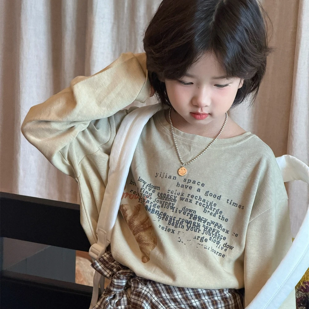 T-shirt 2026 Spring and Autumn New Children's Clothing Korean Style Boys and Girls Fashion Loose Bread Print T-shirt