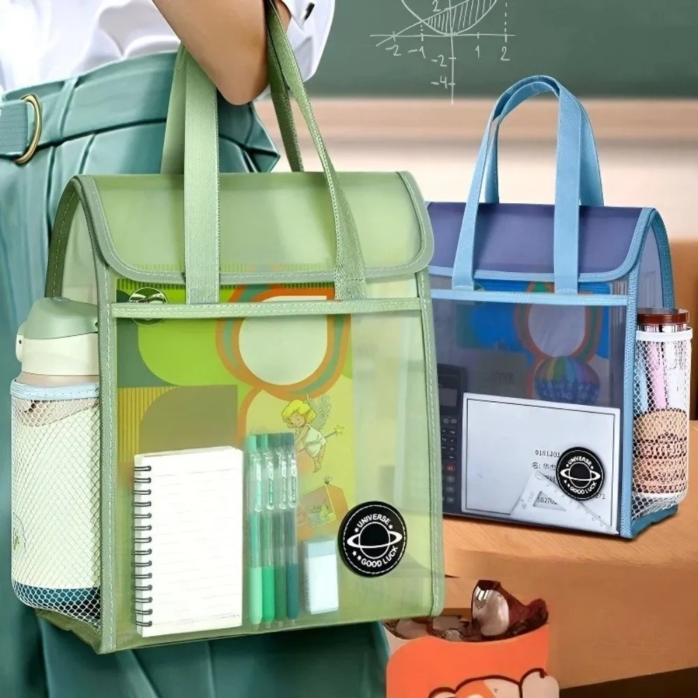 

New PVC Student Study Bag Transparent Waterproof File Storage Bag Large Capacity Side Pockets Handheld Bag School Use