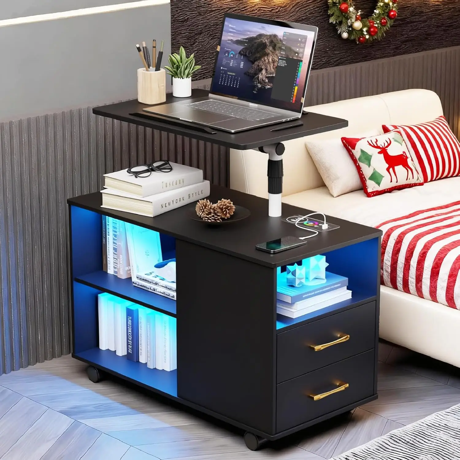 Wireless Charging Nightstand Auto Sensor RGB Bedside Table 360° Rotary Table Shelves Drawers 5 Wheels, Customized
