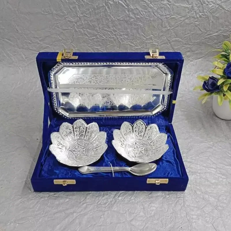 

Silver Lotus Bowl Set 5 Top Wedding Diwali Company Gift Set Velvet Box Perfect for Serving