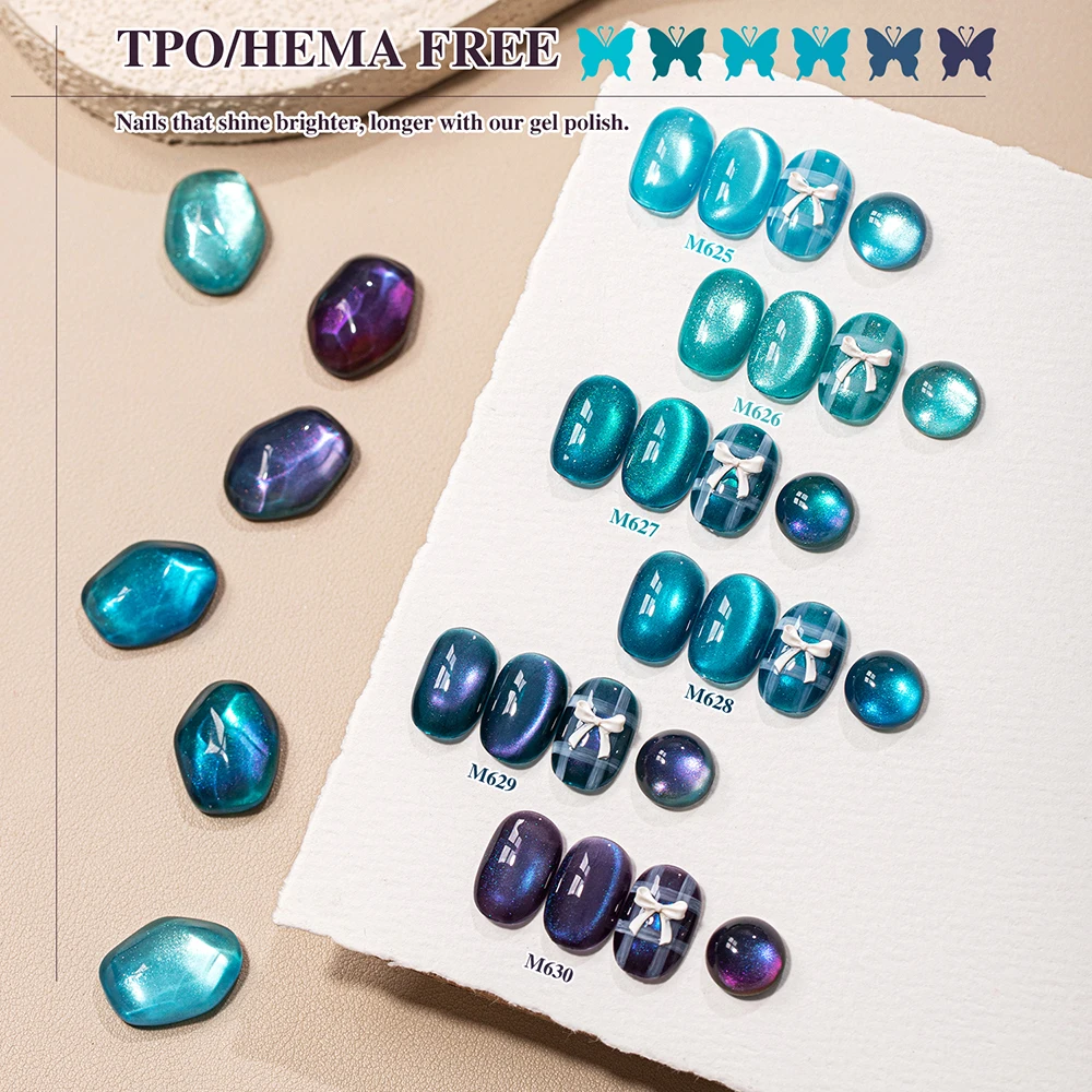Vendeeni 6 Farben/Set Cyanblauer Kristall-Katzenaugen-Gel-Nagellack UV-Härtender Glasperlen-Magnet-Katzenaugen-Gel-Lack mit Display – Detail 3