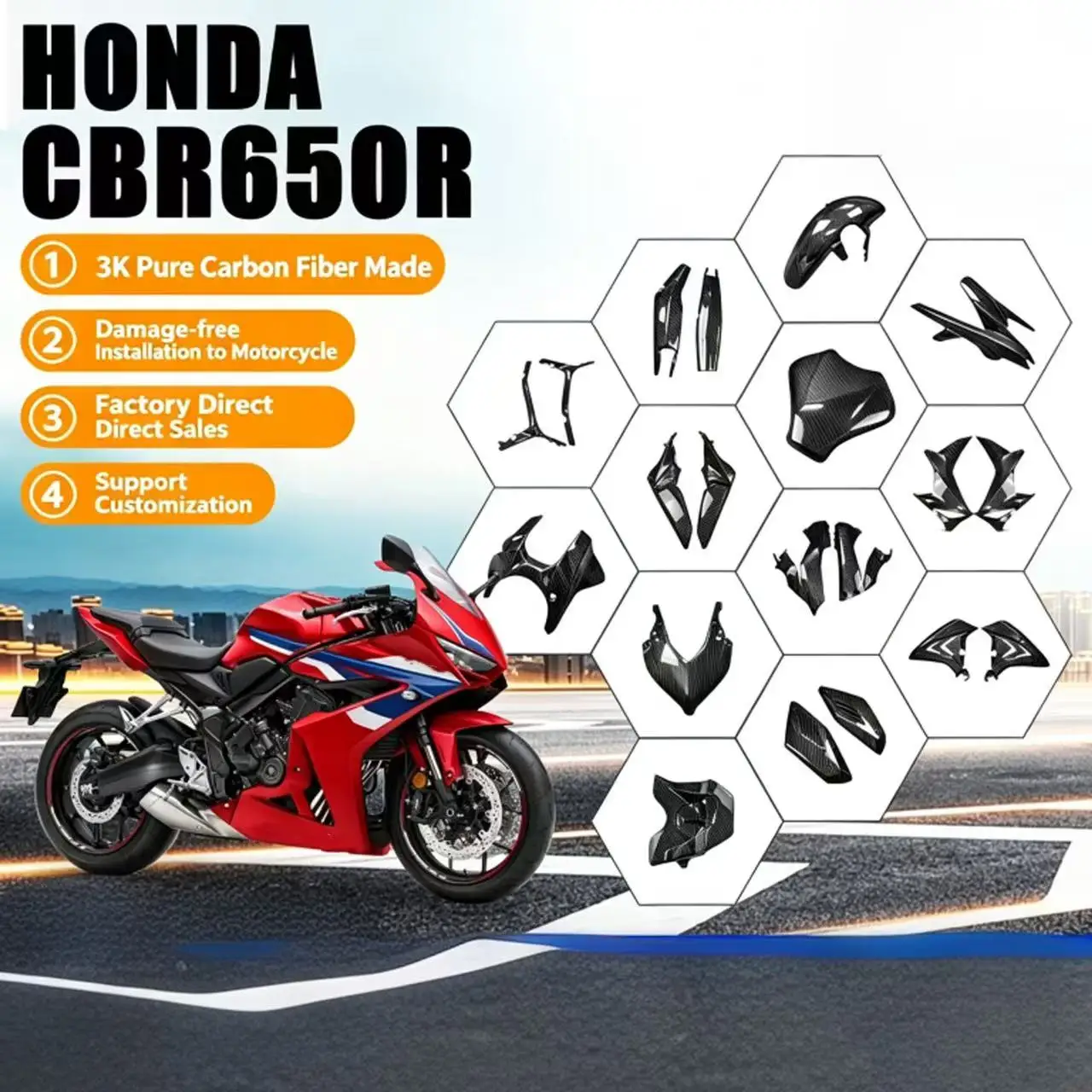 Suitable for Honda CBR650R 2017 18 19 20 21 22 2023 motorcycle full car carbon fiber modified fairing accessories fender