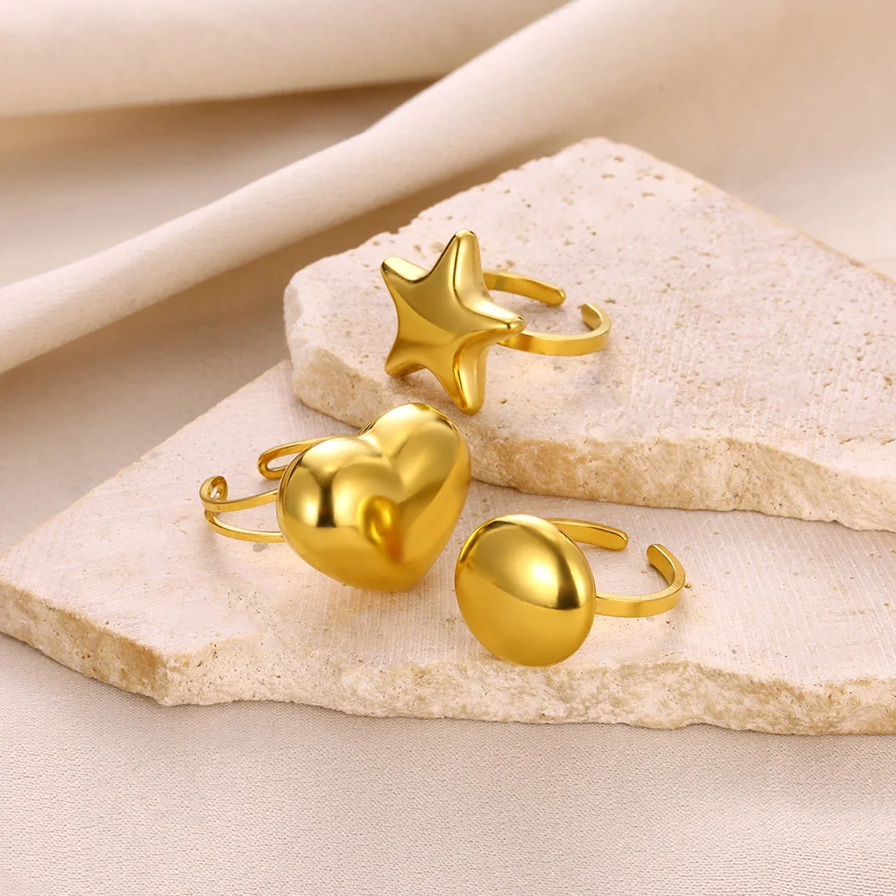 Fashion Star Heart Open Ring For Women Gold Color Stainless Steel Geometric Ring Bohemian Jewelry Gift