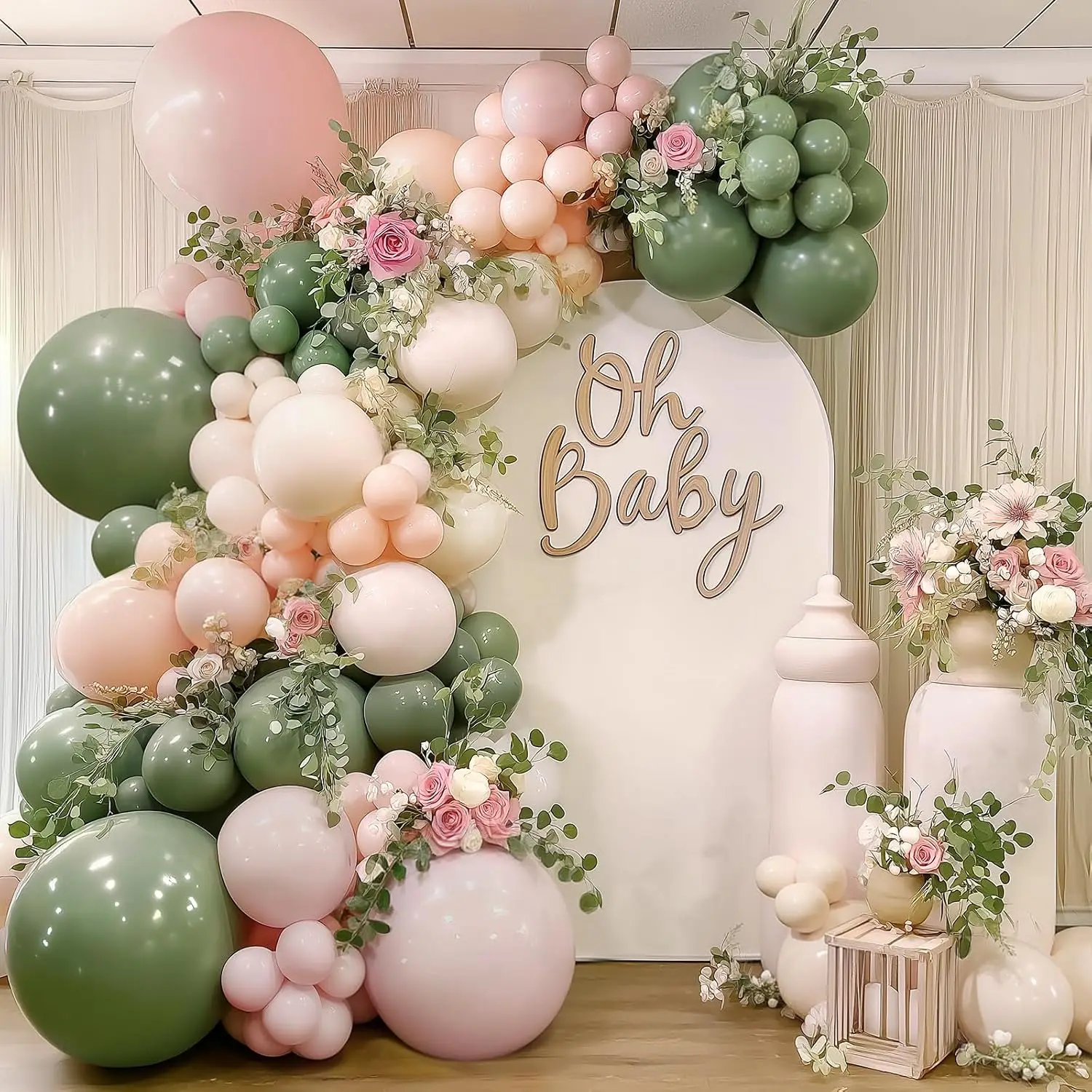 95Pcs Pink Sage Green White Sand Balloons Arch Kit Sand White Beige Balloons for Wedding Baby Shower Birthday Party Decorations