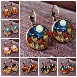 Dream castle Earrings Women Stud Earring Abstract Starlight House Oil Painting Earrings Glass Cabochon Womens Earrings jewelry