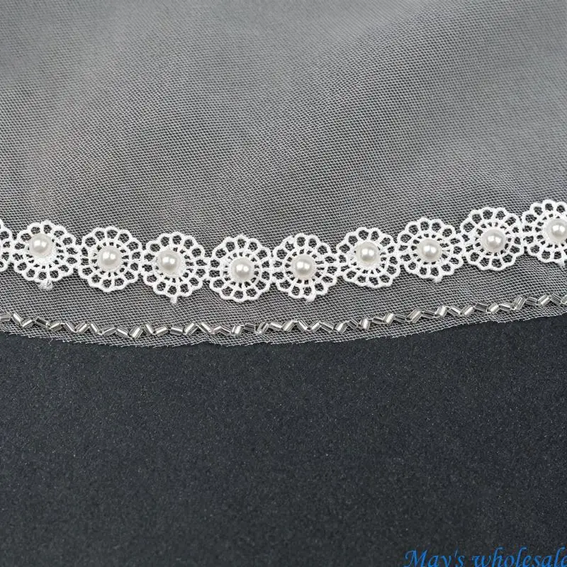 Sheer Bridal Veil Headpiece with Pearls Butterfly Detail and Lace Trim, Wedding Hair Drape for