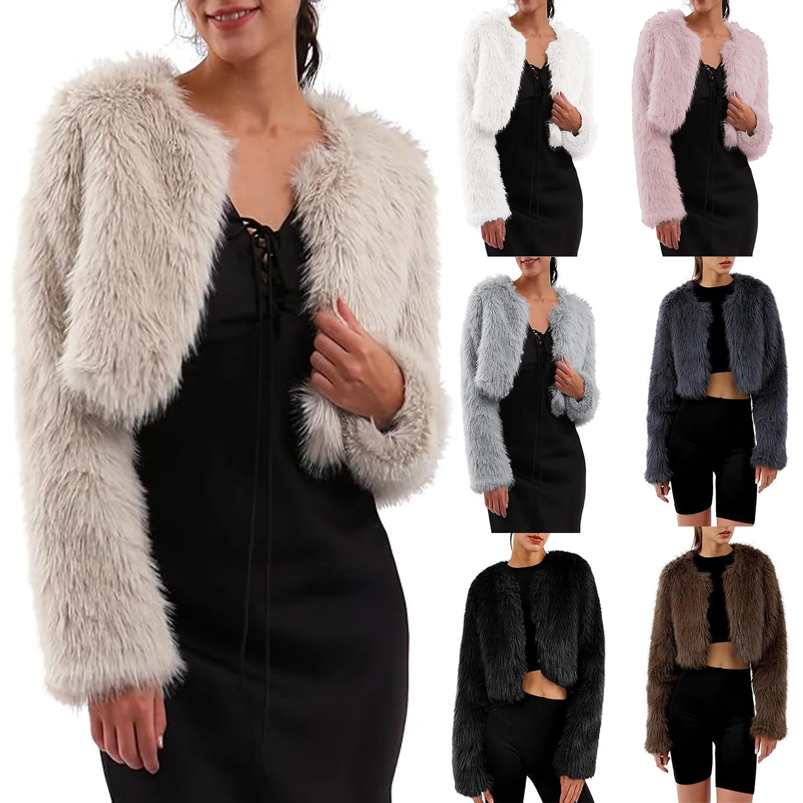 Autumn and Winter New Short Faux Fur Coat Long Sleeve Women's Trendy Jacket Without Collar Overcoat Fake Fur Warm Plush Coat