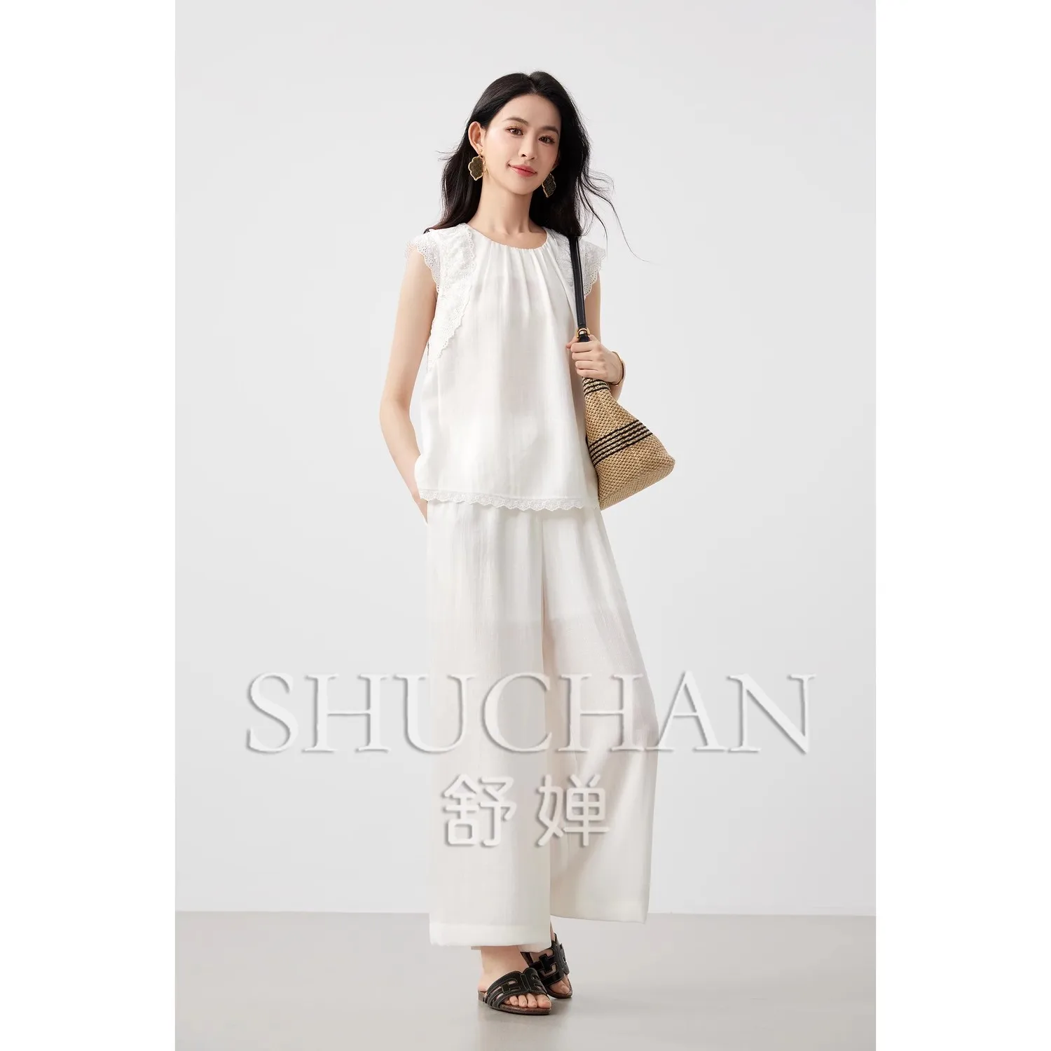 

Good Quality, Linen Cotton Soft Exquisite Lace Splicing Sleeveless Tank Top + Pants Loose Casual Suit