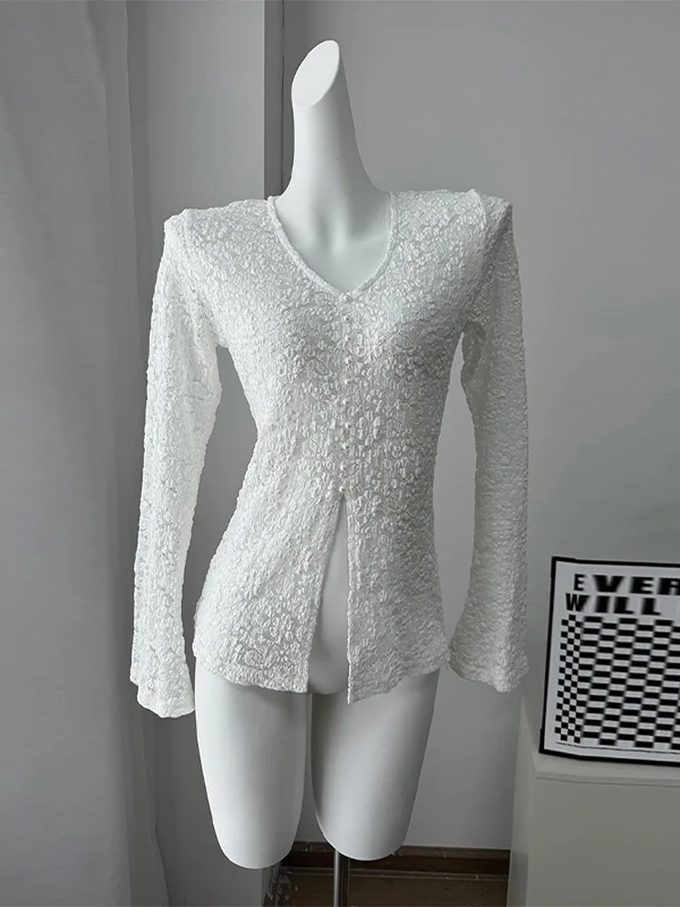 

Sexy V-neck Lace Solid Top Women Fashion Full Sleeve Single Breasted Perspective Top Lady Summer Autumn Chic Casual Clothing