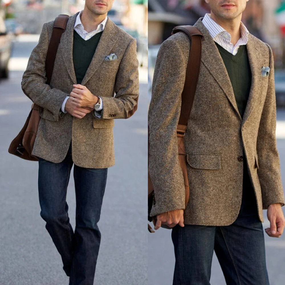 Classic Brown Tweed Blazer with Pocket Square Notch Lapel Single Button Men Casual Outdoor Suit Coat Jacket Customized M265066