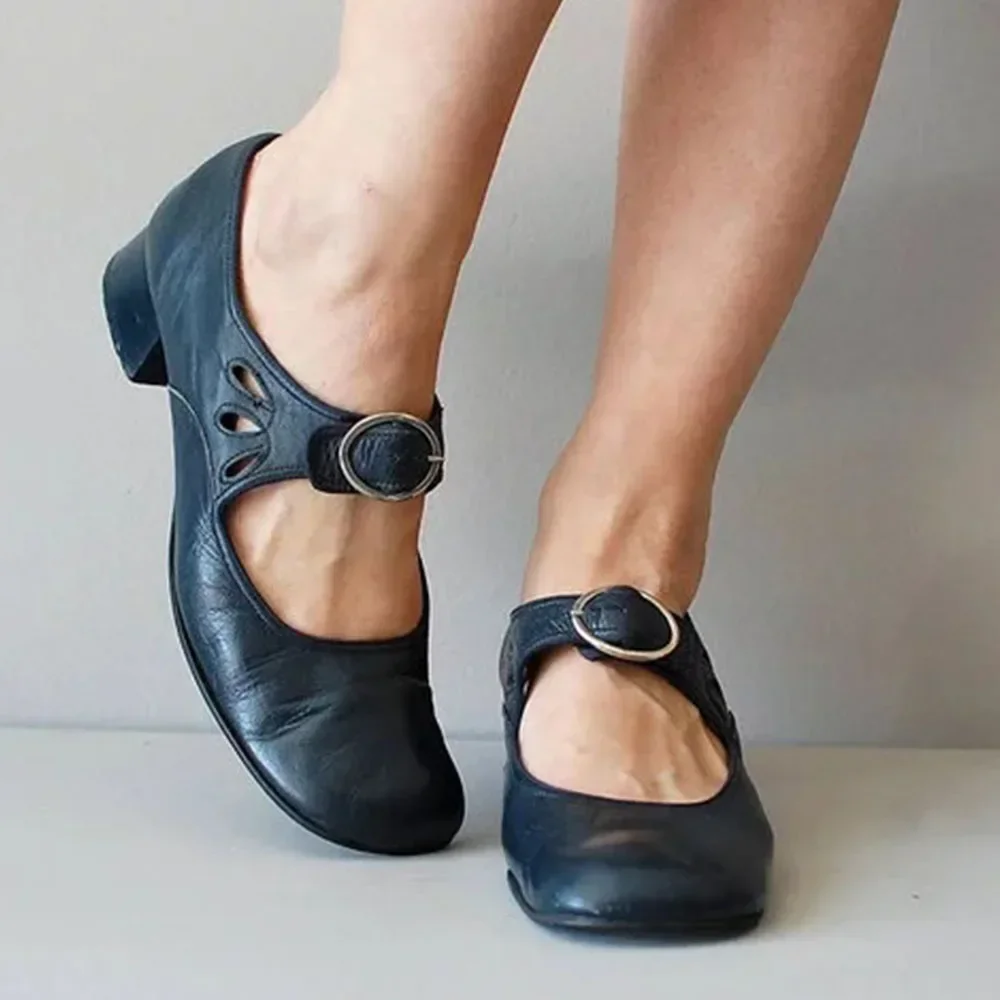 Chunky Heel Women  Shoes Low Heel Strap Pumps Soft Leather Sweet 2025 New Spring Women Shoes Walking Comfy Big Size image 4