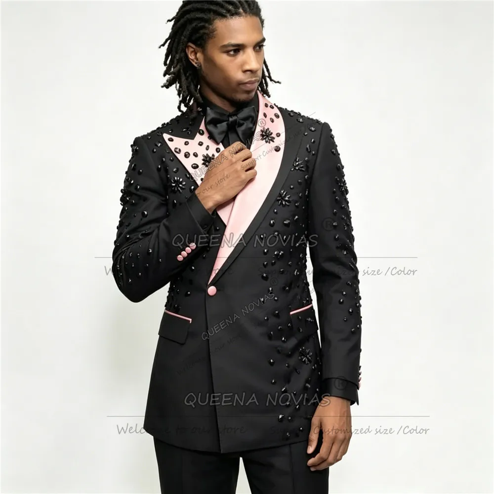 Luxury Suits Men 2 Pieces Sets Pink Shawl Label Prom Blazers Customized Rhinestone Jacket Pants Slim Fit Groom Wedding Tuxedos