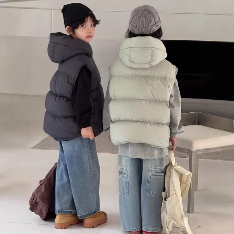 2025 Korean Style Kids Puffy Vest - Hooded Winter 90% Fluff Content Down Vest, Unisex Youth Boys Girls Wholesale Warm Jacket
