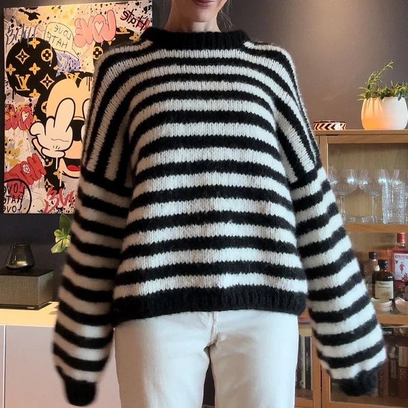 Women's Retro Striped Contrast Knitted Loose Sweater Punk Goth Casual Sweaters For Women Long Sleeve Bottoming Knitwear Pullover