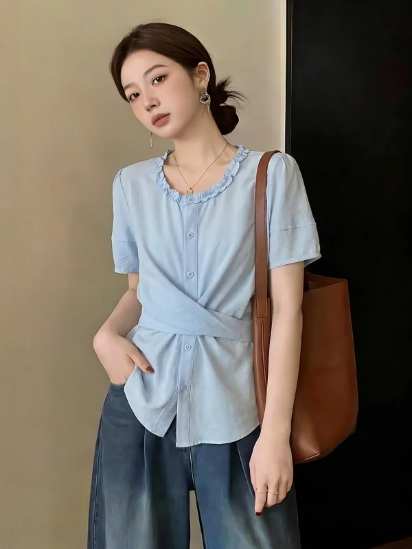 

Chic Light Blue Wooden Short Sleeve Shirt Women's plus Size Waist-Cinching Shoulder-Length Summer New Style Korean Version