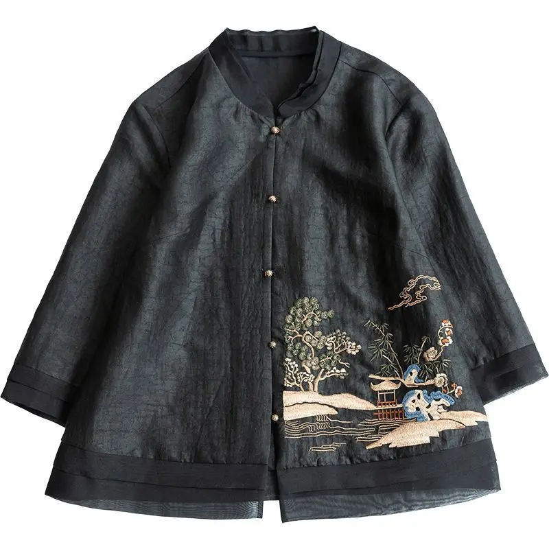 2024 new chinese style jacket button Breathable black shirt women graceful half sleeves blouse fashion tangsuits top