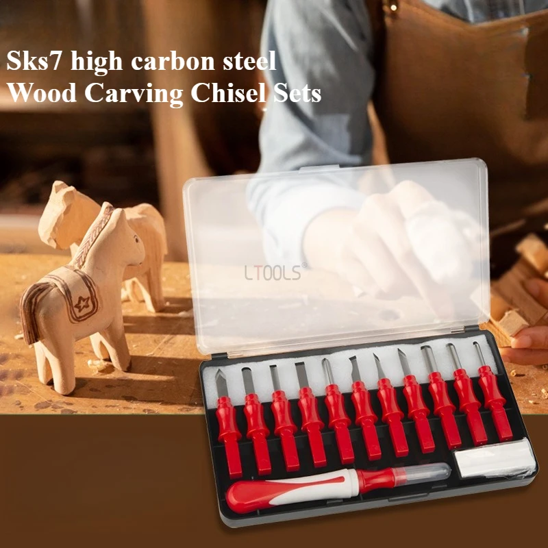 

6-12pcs Wood Carving Chisel Sets Plastic Handle Sks7 Blade Rubber Woodworking Seal Engraving Knife Kit Professional Hand Tools