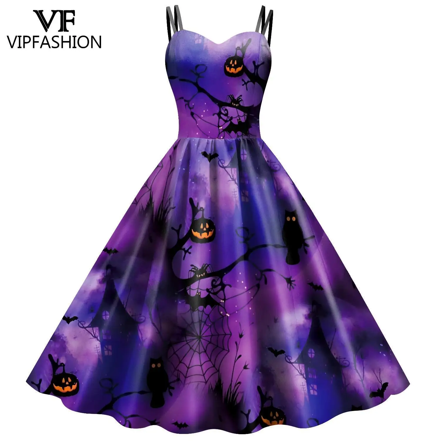 VIP FASHION Halloween Party Dress Woman Vintage Dress Up Wear Girls Gothic Dresses Carnival Pumpkin Costume Sleeveless Outfit