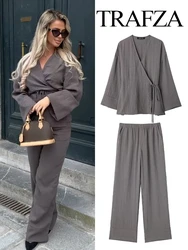 TRAFZA Women's 2-piece Retro Textured Lace-up Kimono Style Top + Elastic Waist Pajama Style Loose Trousers 2024 Summer Clothing