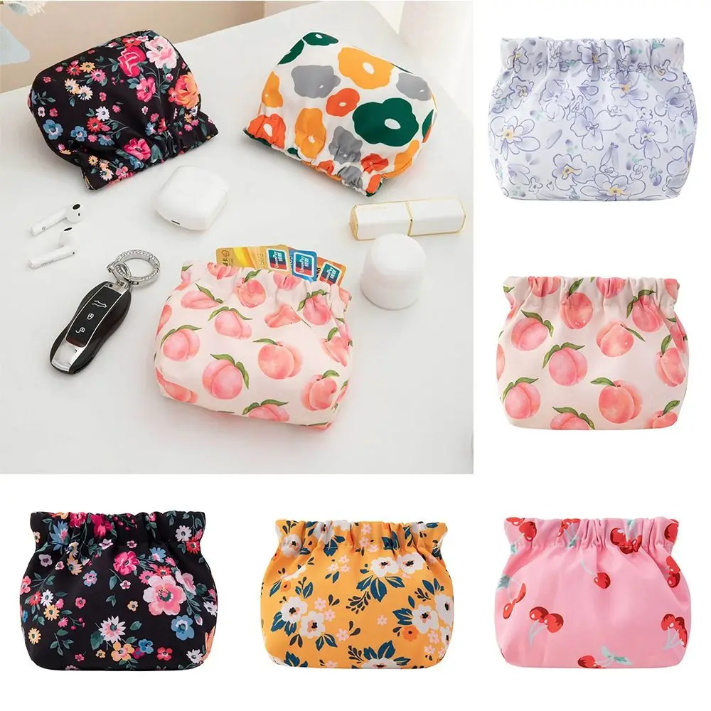 Bolsa cosmética para meninas, armazenamento de cabos de dados, padrão de flor bonito, folha, fechamento automático, bolsas de moedas pêssego, cereja, primavera