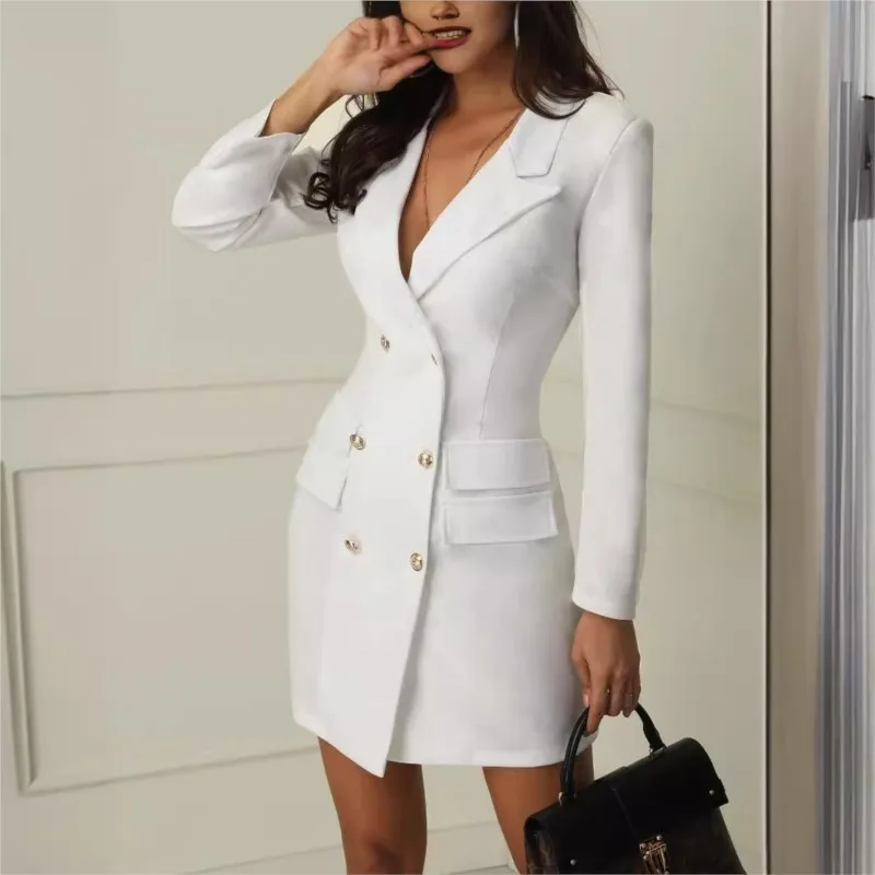 Elegant Office Lady Blazer Dress Long Sleeve Black White 2024 New Women Spring Summer Female Causal Fashion Large Size Suit