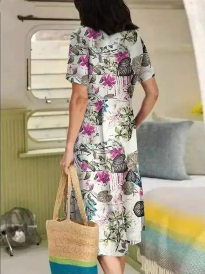 Abito casual con stampa floreale Lady Fashion manica corta scollo a V abiti vintage larghi per le donne Boho Holiday Abbigliamento donna estivo