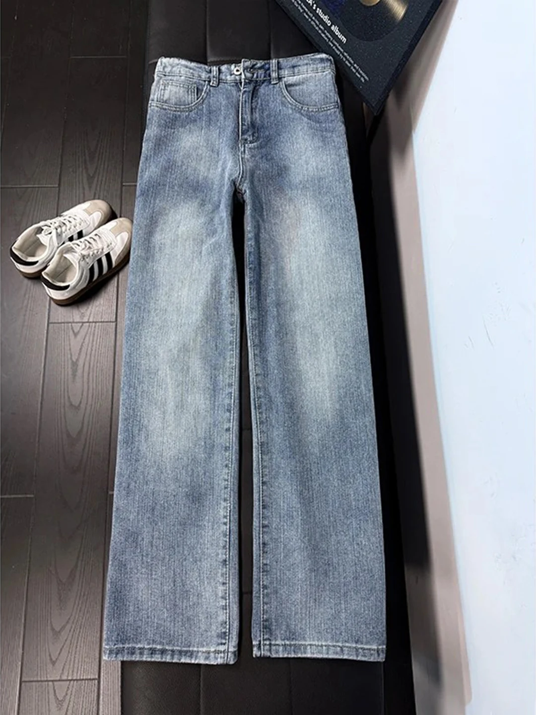 

Light Blue Waed Bamboo Texture Men's Jeans High Street Micro Flare Long Straight Cut Trousers Casual mid Waist Zipper