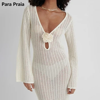 Para Praia Hollow Out 니트 롱 드레스 2024 비치 드레스 비키니 커버 수영복 커버 업 여성용 섹시한 해변 의상 Beachwear