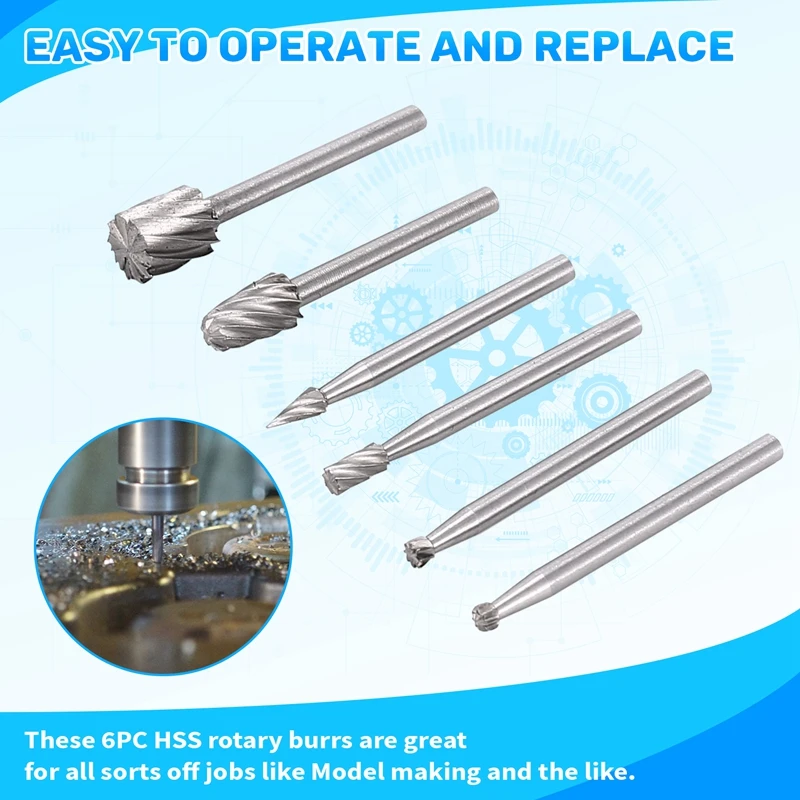 M11K-6PCS HSS Rotary Multi Tool Burr Routing Router Bit Mill Cutter Attachment For Dremel