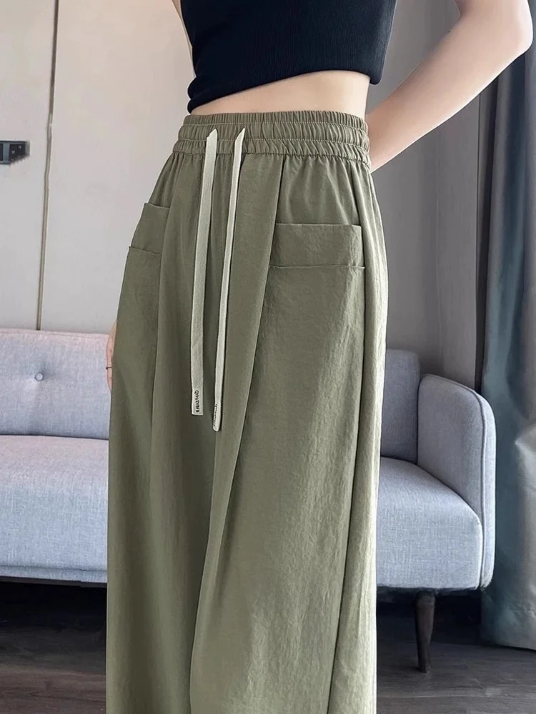 Pantaloni a gamba larga in seta di ghiaccio Pantaloni estivi da donna sottili americani larghi a vita alta drappeggiati dritti Sport casual Protezione solare Qui Dry P...