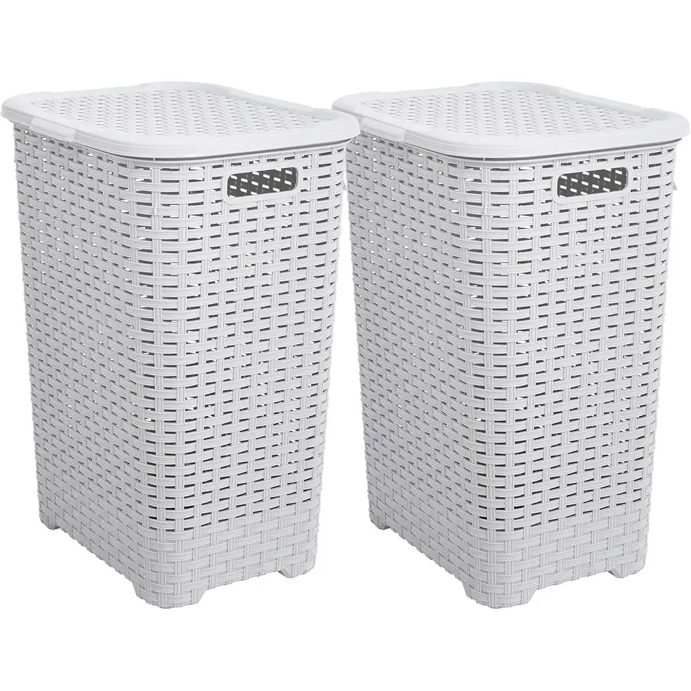 Laundry Hamper with Lid 60 Liter Ivory (2 Pack) Plastic Wicker Large Hampers Basket with Cutout Handles, Deluxe Bin to Storage D