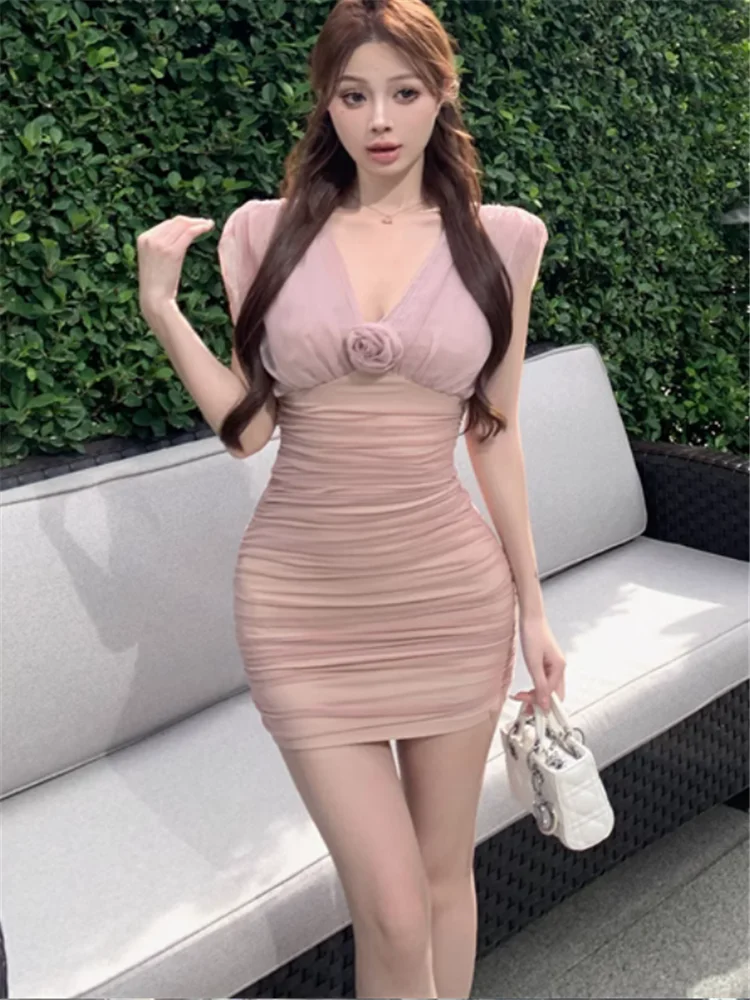 

French Pink 3d Flower Pleated Mesh Pencil Mini Dress Summer V Neck Sleeveless Celebrity Lady Bodycon Slim Cocktail Party Dress