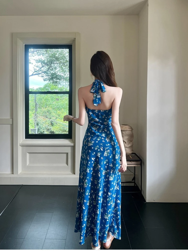 Robe française élégante pour femmes, bleu, motif Floral, col en v, sans manches, col licou, robe d'été, plage, vacances tropicales, mi-longue, 2025