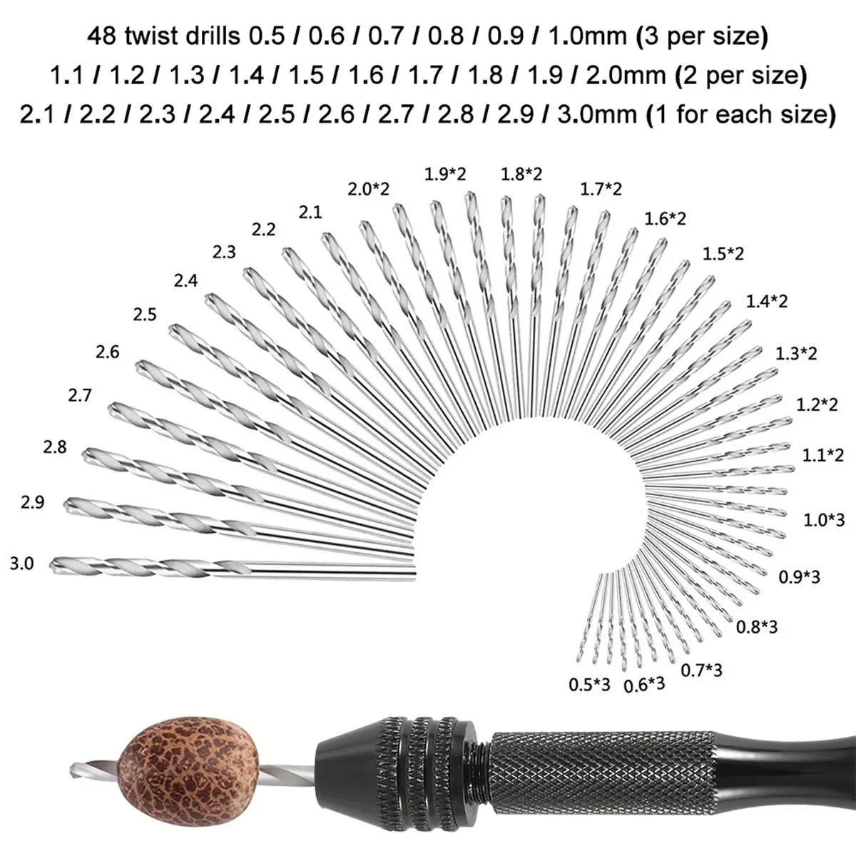 Juego de brocas de mano de 49 piezas, 0,2-3,4mm, Mini brocas de mano de aluminio para joyería, herramientas de carpintería