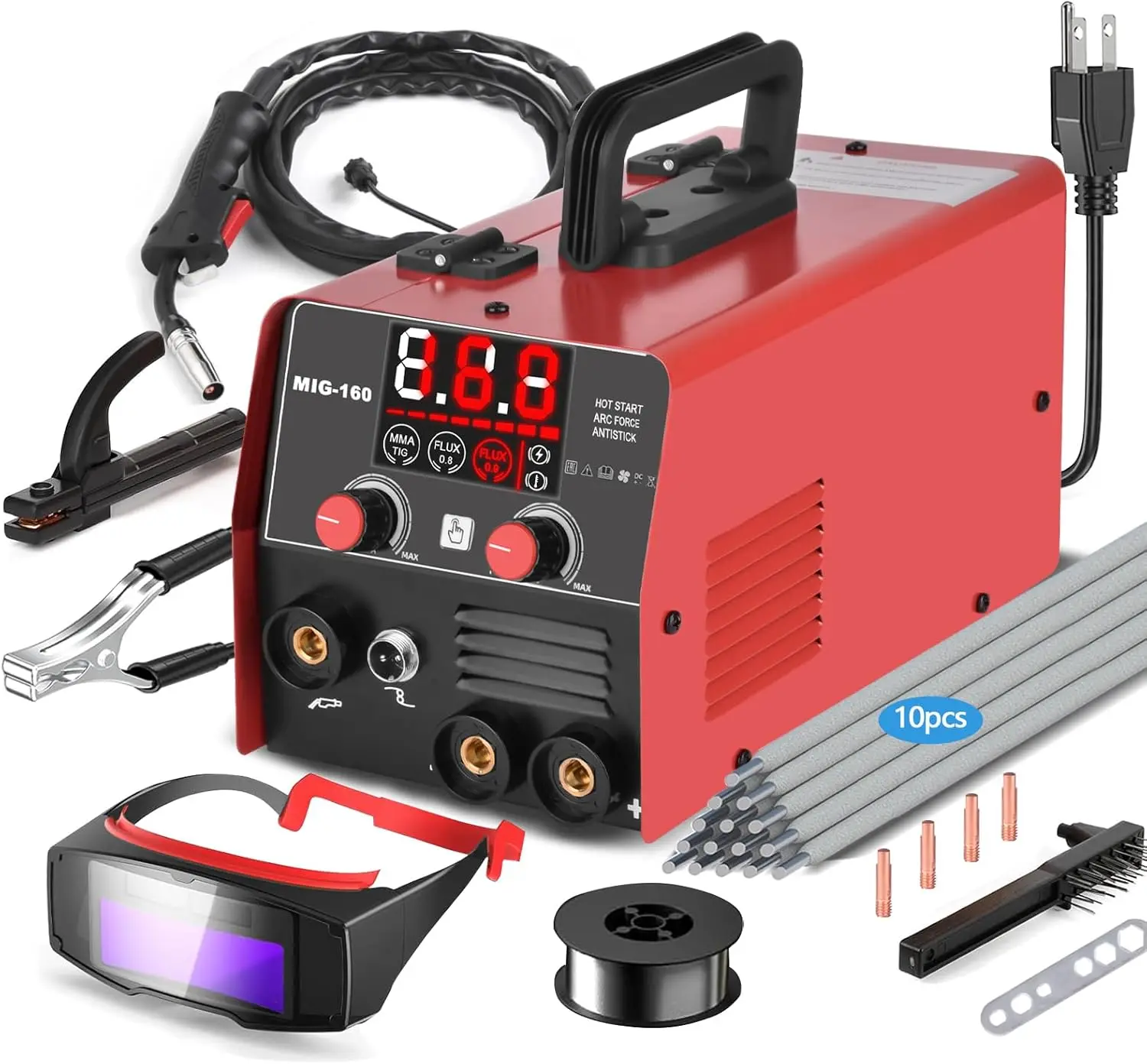

160Amp 3-in-1 Welding Machine: Flux Core, Lift TIG, Stick Welder with Auto-Darkening Goggles & IGBT Inverter