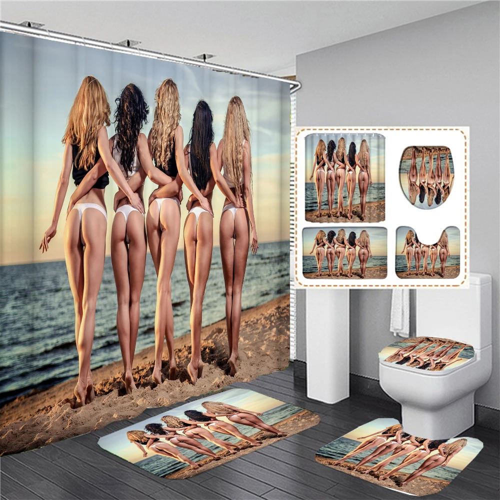 Sexy Beach Girl Bath Curtains lovely Girl Bathroom Shower Curtain Set With Non-Slip Rug Toilet Seat Cover Bath Mats