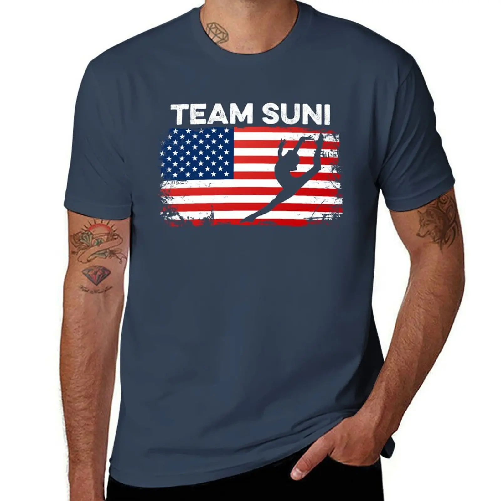 

Team Suni Gymnastics Sunisa Lee Gymnast USA Flag America T-Shirt man t shirts for men t shirt man plain T-Shirt