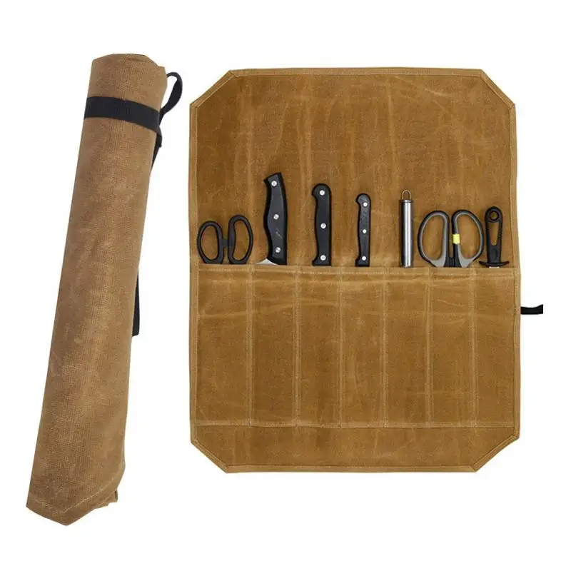 1Pcs Waxed Canvas Chef Knife Roll With Multiple Storage Slots And Durable Construction Perfect For Home Kitchen Outdoore