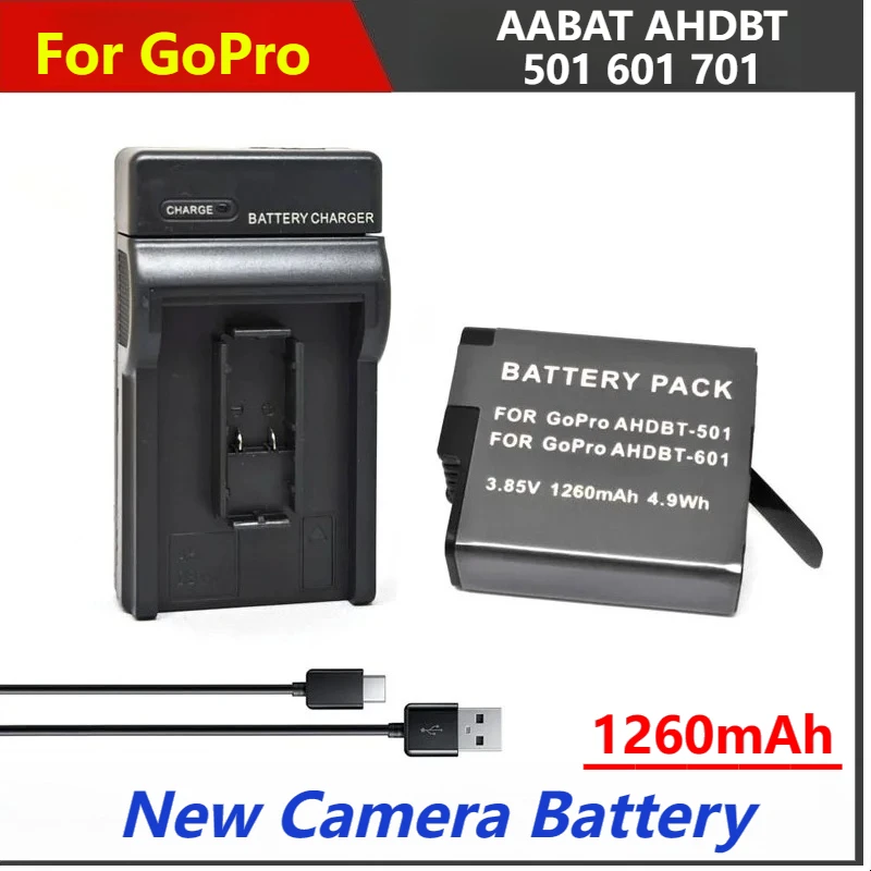 

1260mAh 3.85V AABAT AHDBT 501 601 701 Battery USB Charger for GoPro Accessories Go Hero 7 6 5 Sports Cam Go Pro Black Camera