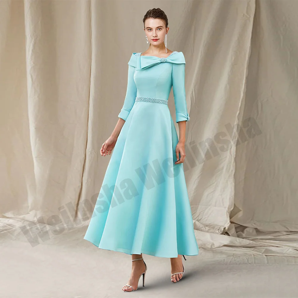 

Mint Mother of The Bride Dress Elegant 3/4 Sleeves Scoop Neck Pearls Beading Bow Tea Length A Line Satin Wedding Guest Gown