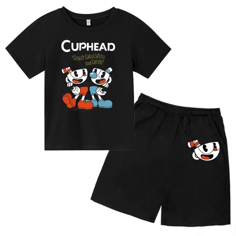 Tea cup head Anime Summer Leisure Short Sleeve Children Clothing Round Neck T-shirt for Boys Girl+shorts Set Cotton Breathable