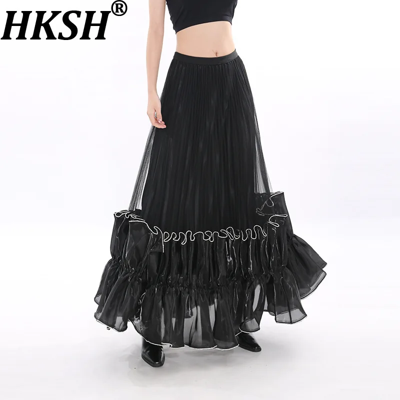 HKSH Spring Autumn New Women Skirt Elegant Casual Mesh Pleated Elastic Waisted Versatile Chic Sweet High-end Tide Skirts HK17859
