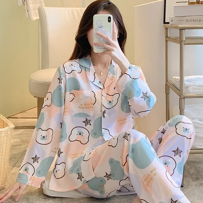 Japanese Small Floral Girl's Cotton Silk Suit Long Sleeve Thin Style Lapel Casual Comfortable Home Wear Viscose Cardigan Spring