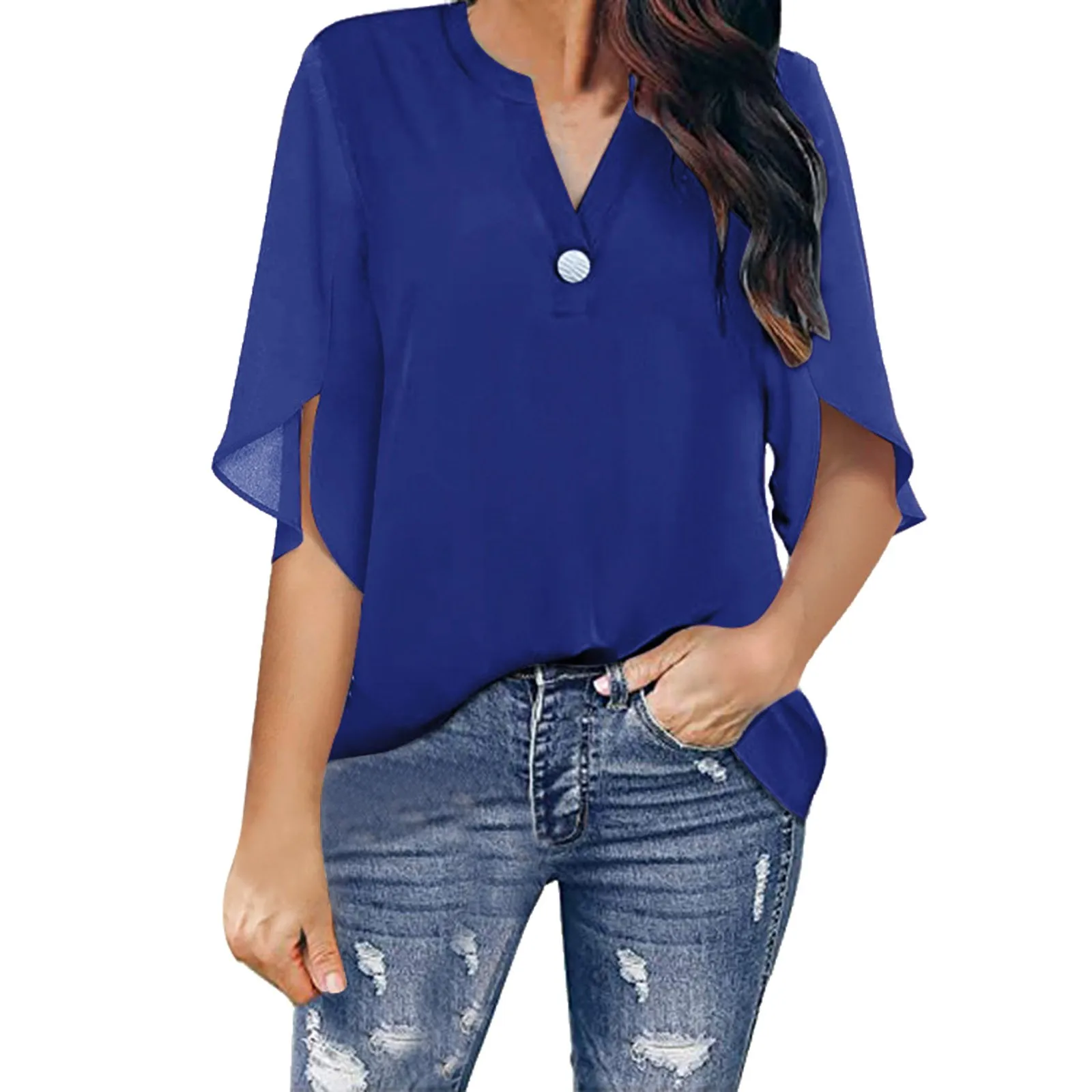 

Plus Size Chiffon Shirts Elegant Women Irregular Half Sleeve V Neck White Blouse for Women Summer 2023 Lady Office Pullover Tops
