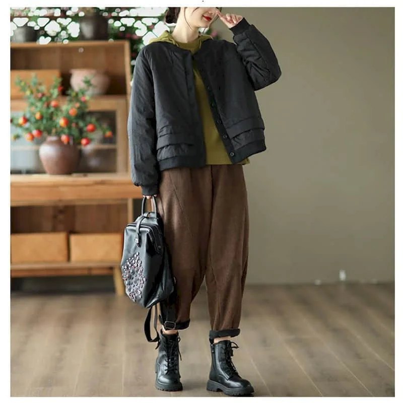 Quilted Coats for Women Lightweight Cotton-padded Cropped Baseball Jackets Long Sleeved Patchwork Casual Vintage Women Clothing